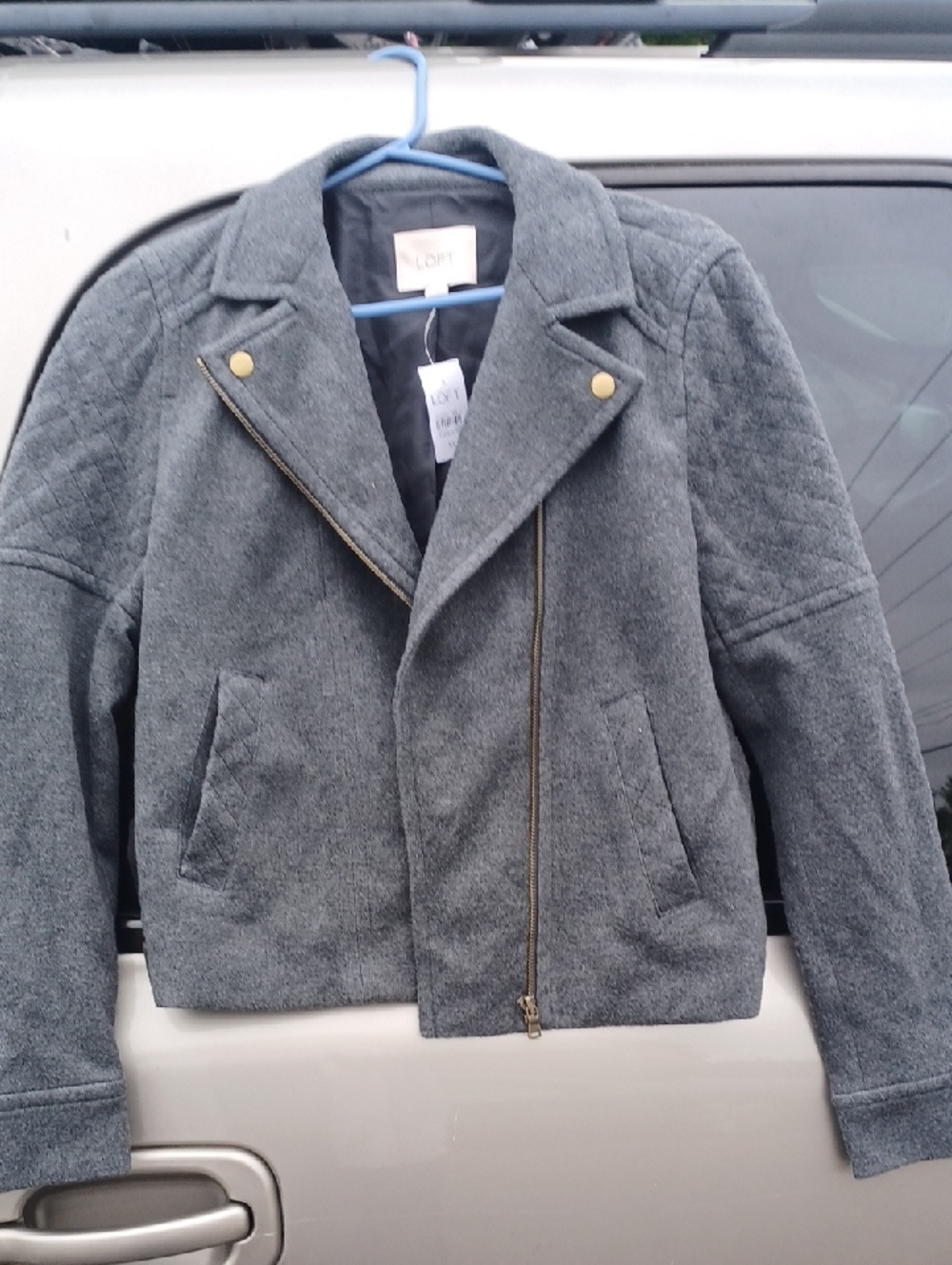 LOFT Gray Asymmetric Zip Wool-Blend Pea Coat with Gold Hardware
